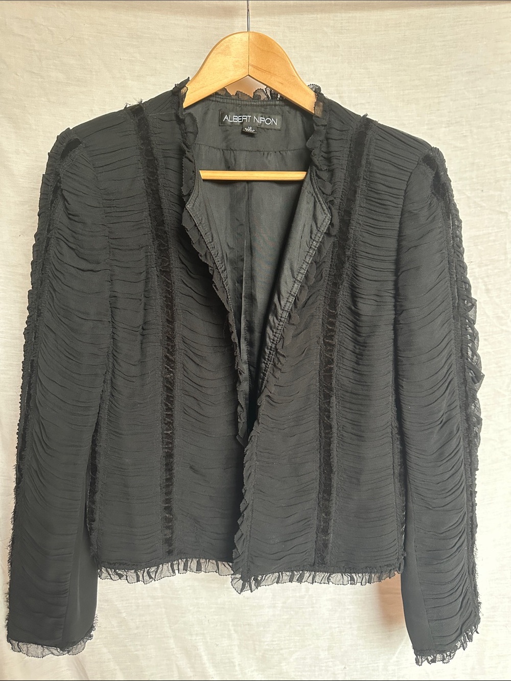 Albert Nipon Black Ruffle-Trim Silk Open Jacket Women’s M Goth Victorian Witchy